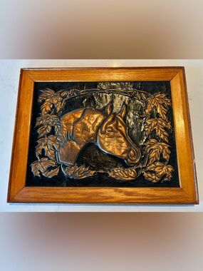 Vintage Framed Horse Relief Wall Art in the Style of Burnished Copper